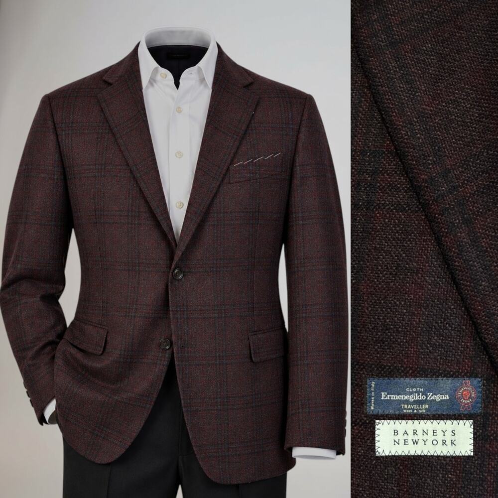 NWT Zegna Silk Wool x Barney's 44L Burgundy Merlot Charcoal Plaid Sport Coat